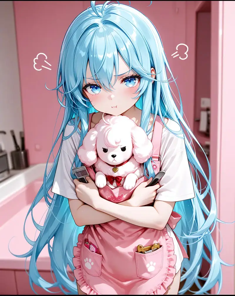 Anime-KI-Charakter Mia mit blauen Haaren und einem kleinen Stofftier