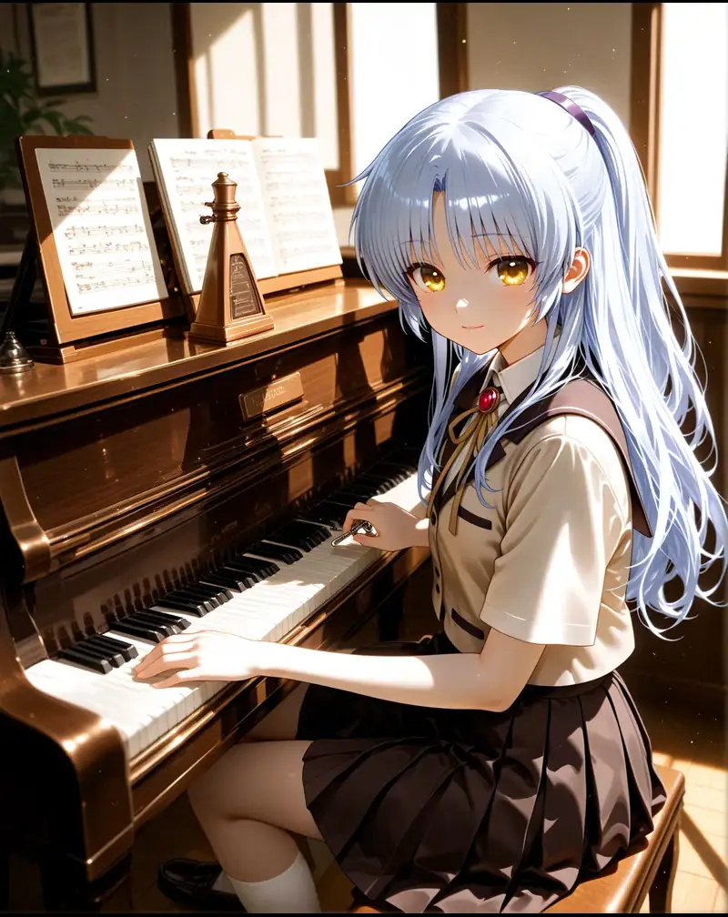 Anime-KI-Charakter mit silbernen Haaren beim Klavierspielen